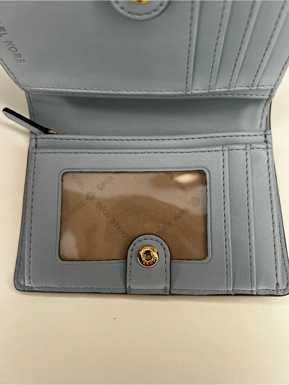 Michael Kors Jet Set Signature Brown MK PVC Bifold Wallet Gray Zip Coin EUC